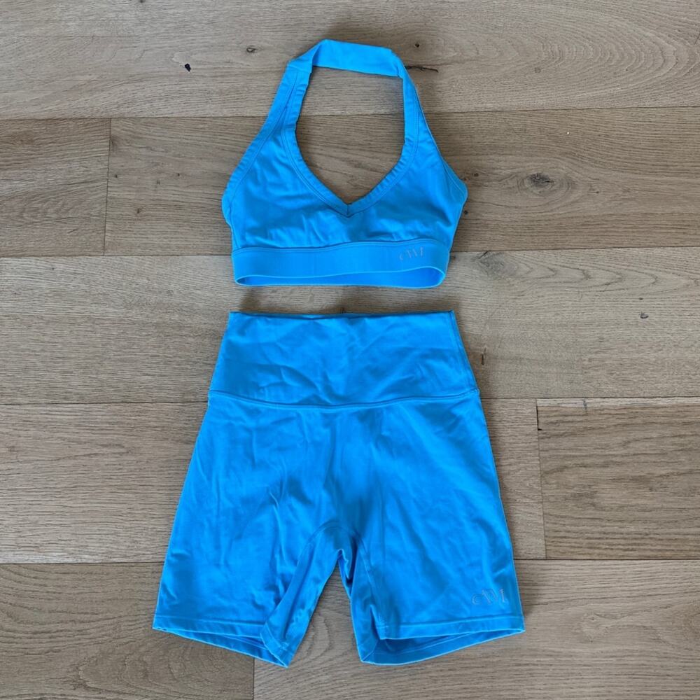 All for Mimi Halter Sports Bra & Bile Shorts Set Size XS Azure Blue